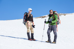 Guide Margaux, on the left, stops with team member Jody. Photo taken during the team's May training in Colorado. Photo credit: Mike Herbener