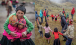 Images of group of hikers dancing with small children.