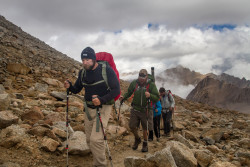 Jody, David and other team members walk a steep and rocky section of the path to Mt. Whitney